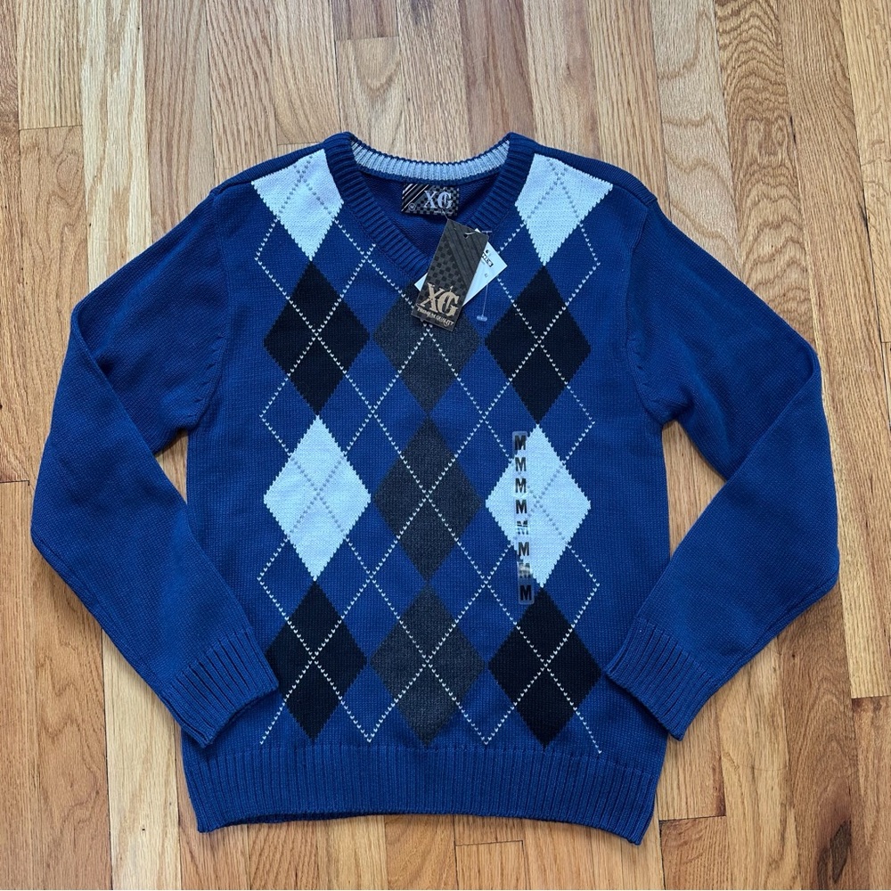NWT XG Premium Blue Argyle Crewneck Sweater size M